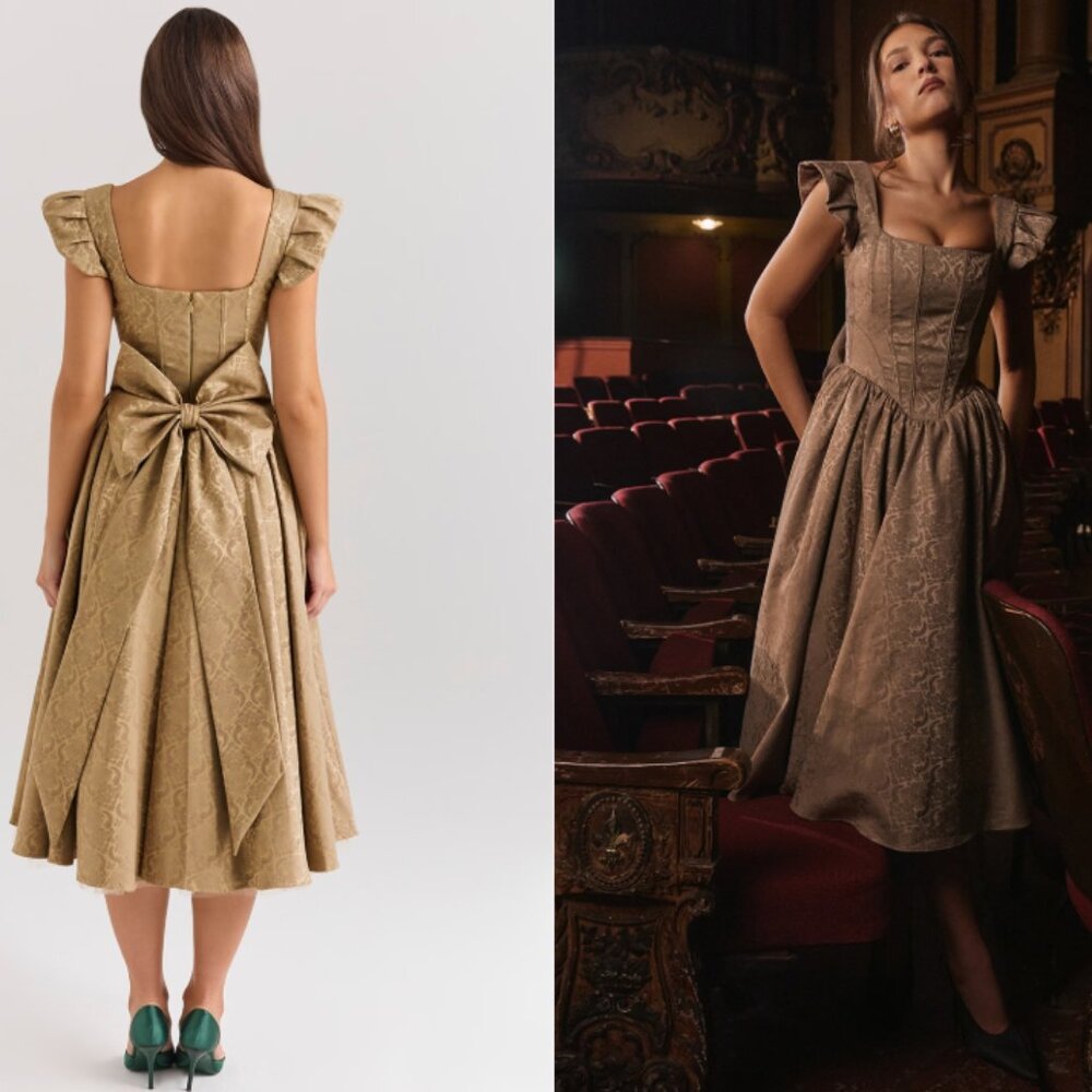 HOUSE OF CB 'Alessandra' Gold Jacquard Midi Dress w/ Detachable Bow NWOT - Picture 3 of 10
